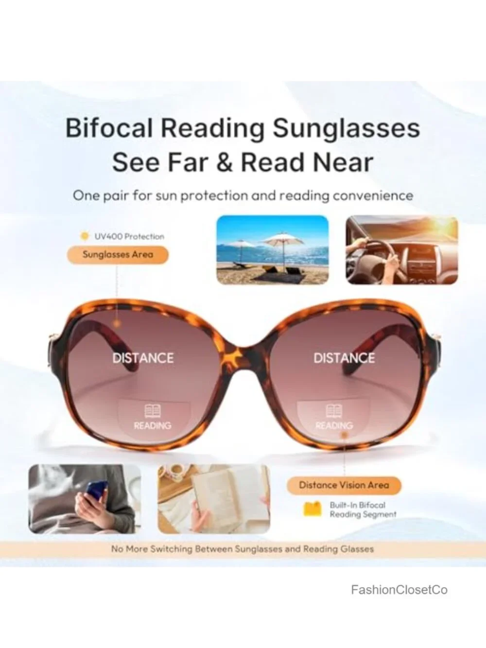 Oversized Square Bifocal Sunglasses with UV400, Gradient Reading Glasses,